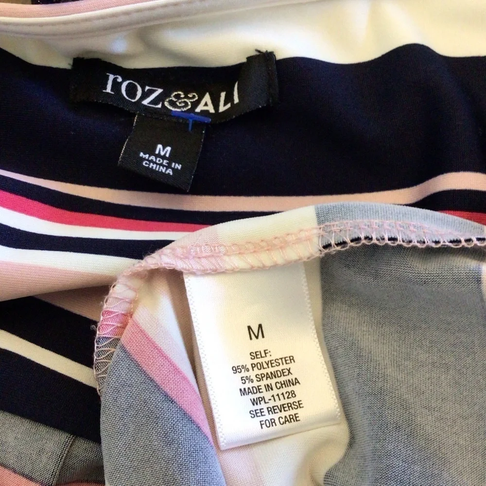 NWOT Roz & Ali Womens Pink/Blue Striped Short Sleeve Quarter Zip Top Size Medium